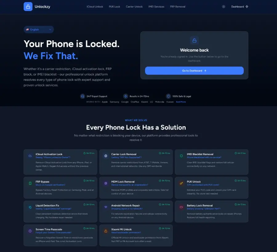 Unlockzy professional phone unlocking platform screenshot