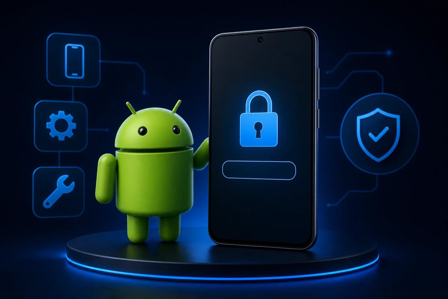 Green Android-style robot next to a phone showing a padlock