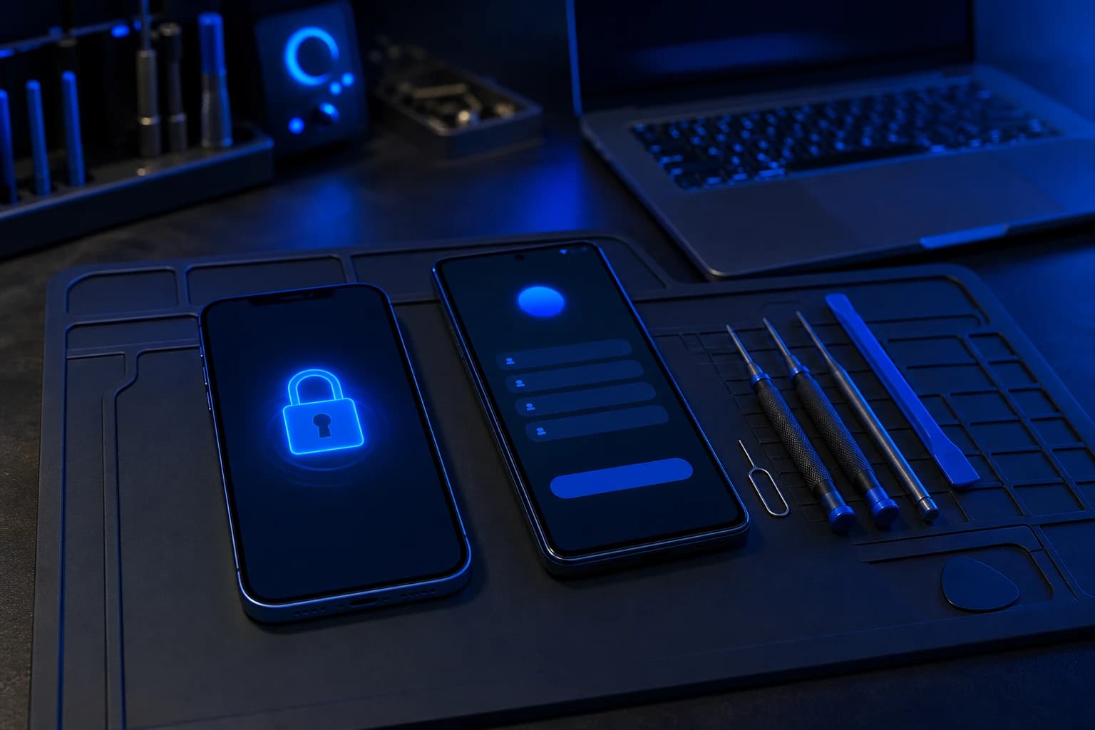 Phone repair workbench with an iPhone and an Android phone, one showing a lock screen