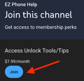 YouTube Join dialog with a Join button for EZ Phone Help at $7.99 per month